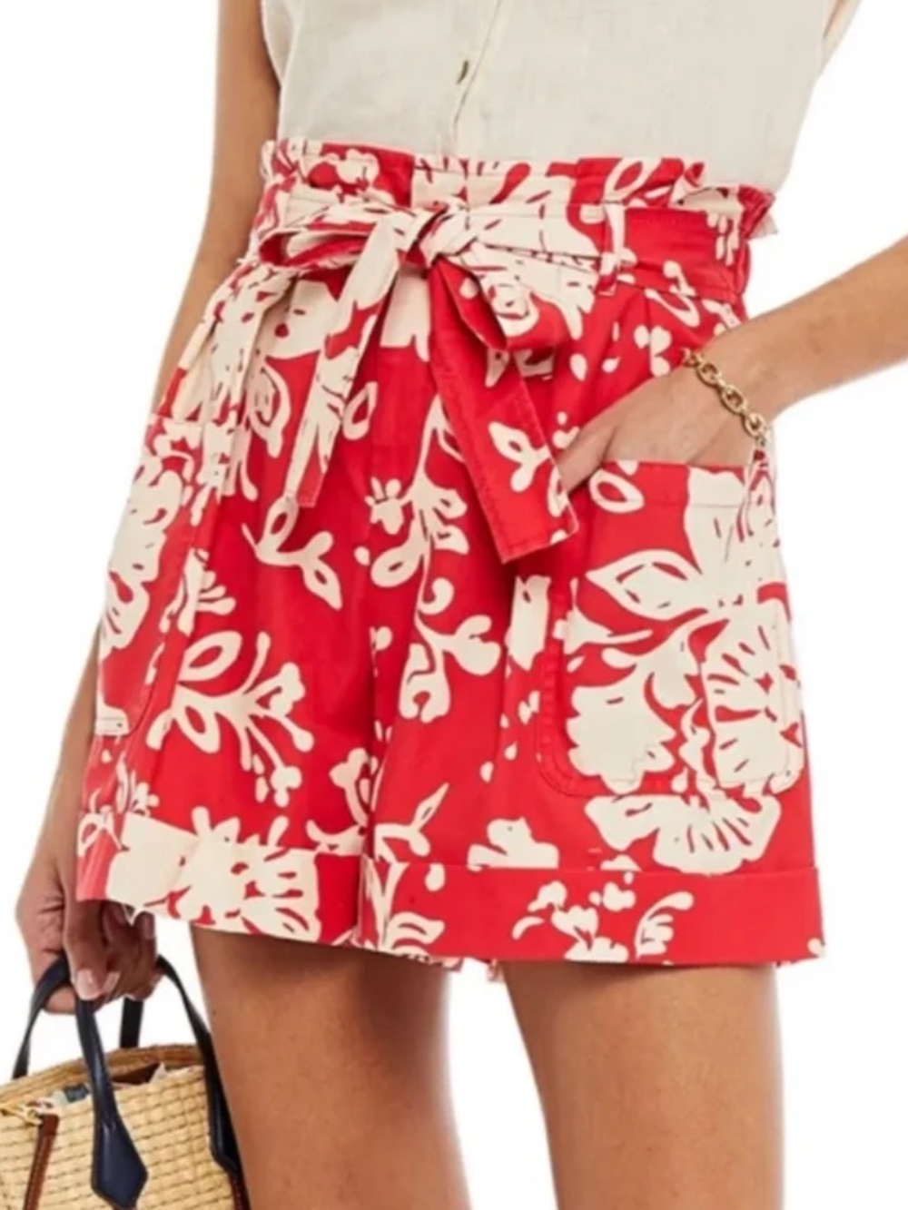 REDVALENTINO high waist Belted Printed Cotton Shorts -size 42 (US size 6)